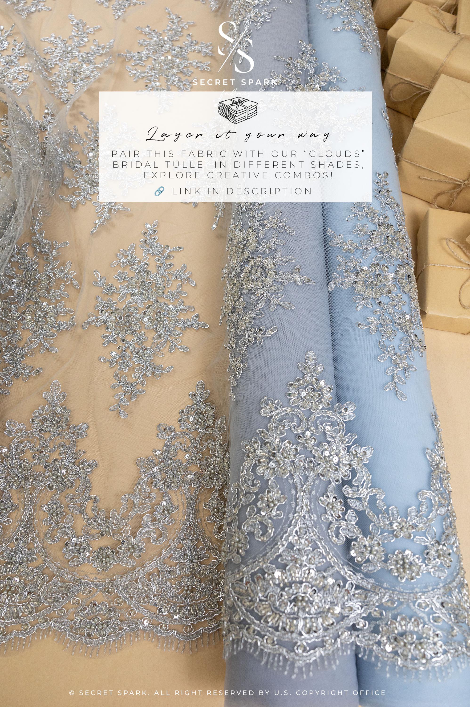 Belle - Lt Gray - Corded Floral Lace with Silver Beaded Edges and Scalloped Trim for Bridal Gowns, Evening Wear by the Yard