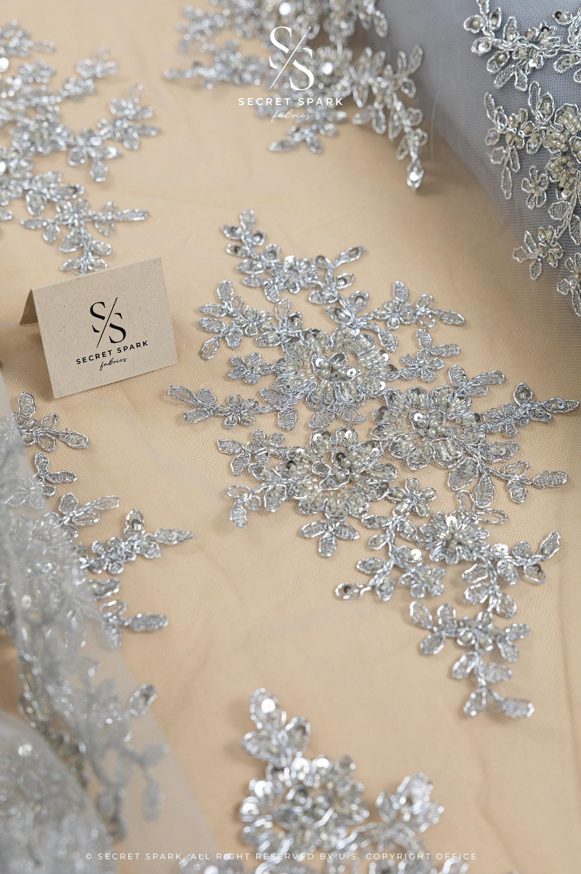 Belle - Lt Gray - Corded Floral Lace with Silver Beaded Edges and Scalloped Trim for Bridal Gowns, Evening Wear by the Yard