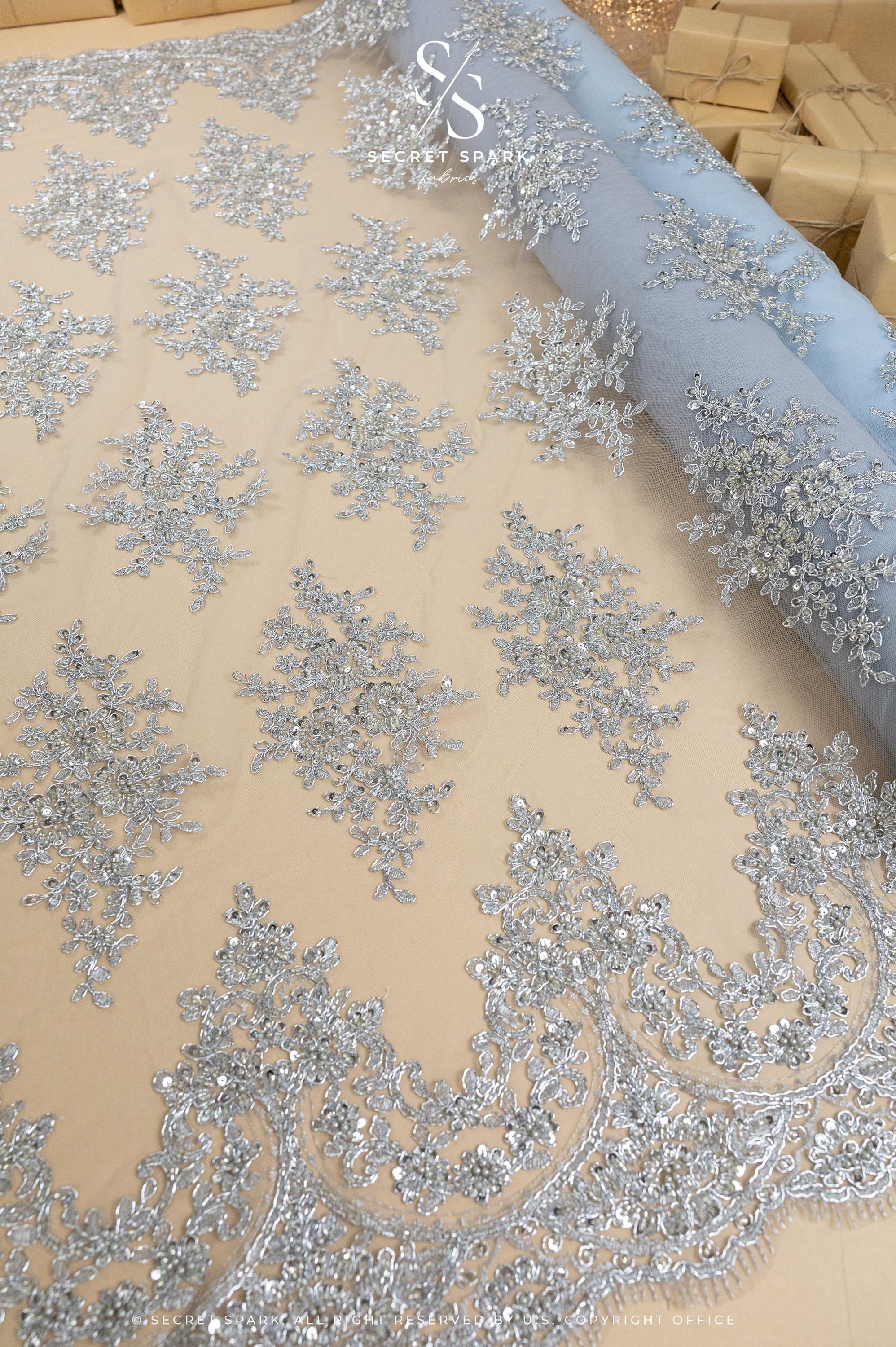 Belle - Lt Gray - Corded Floral Lace with Silver Beaded Edges and Scalloped Trim for Bridal Gowns, Evening Wear by the Yard