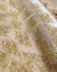 Belle - Golden - Luxurious Gold Corded Lace with Beaded Floral Patterns and Scalloped Trim for Bridal Veils, Couture Gowns by the Yard
