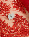 Belle - Red - Bold Beaded Floral Lace with Corded Embroidery and Elegant Scalloped Edges for Wedding, Evening Wear by the Yard