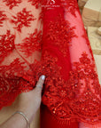 Belle - Red - Bold Beaded Floral Lace with Corded Embroidery and Elegant Scalloped Edges for Wedding, Evening Wear by the Yard
