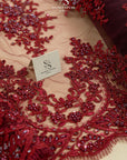 Belle - Wine - Deep Burgundy Corded Lace with Beaded Floral Motifs and Scalloped Edges for Evening Gowns, Prom Dresses by the Yard