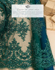 Belle - Emerald Green - Rich Corded Floral Lace with Beaded Accents and Scalloped Borders for Couture, Bridal Appliques by the Yard