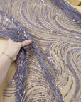 Crystal Lines - Muted Amethyst - Lace, Dusty Purple Sequin & Beaded Wave Mesh, Elegant Art Deco Overlay for Dresses, Sleeves, Trains |