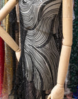 Crystal Lines - Black - Lace Fabric, Abstract Wave Sequin & Bead Mesh, Art Deco Couture Overlay for Prom, Pageant, Evening Gowns |
