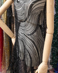 Crystal Lines - Black - Lace Fabric, Abstract Wave Sequin & Bead Mesh, Art Deco Couture Overlay for Prom, Pageant, Evening Gowns |