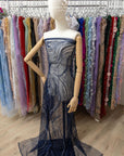 Crystal Lines - Navy Blue - Abstract Waves Lace, Beaded Sequin on Soft Mesh, Modern Art Deco Fabric for Couture Dresses, Stage & Prom |