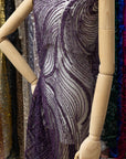 Crystal Lines - Deep Purple - Swirl Lace, Abstract Contour Line Sequin Beaded Mesh, Art Deco Couture Fabric for Eveningwear & Theatrical Gowns |