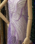 Crystal Lines - Purple Lavender - Contour Lace, Shimmering Sequin Line Waves on Soft Mesh, Modern Couture Fabric for Prom, Dance, Photo Shoots |