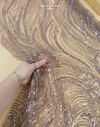 Crystal Lines - Mocha Mousse - Neutral Wave Lace, Taupe Sequin & Beaded Line Mesh, Modern Art Deco Couture Fabric for Dresses, Capes, Styling |