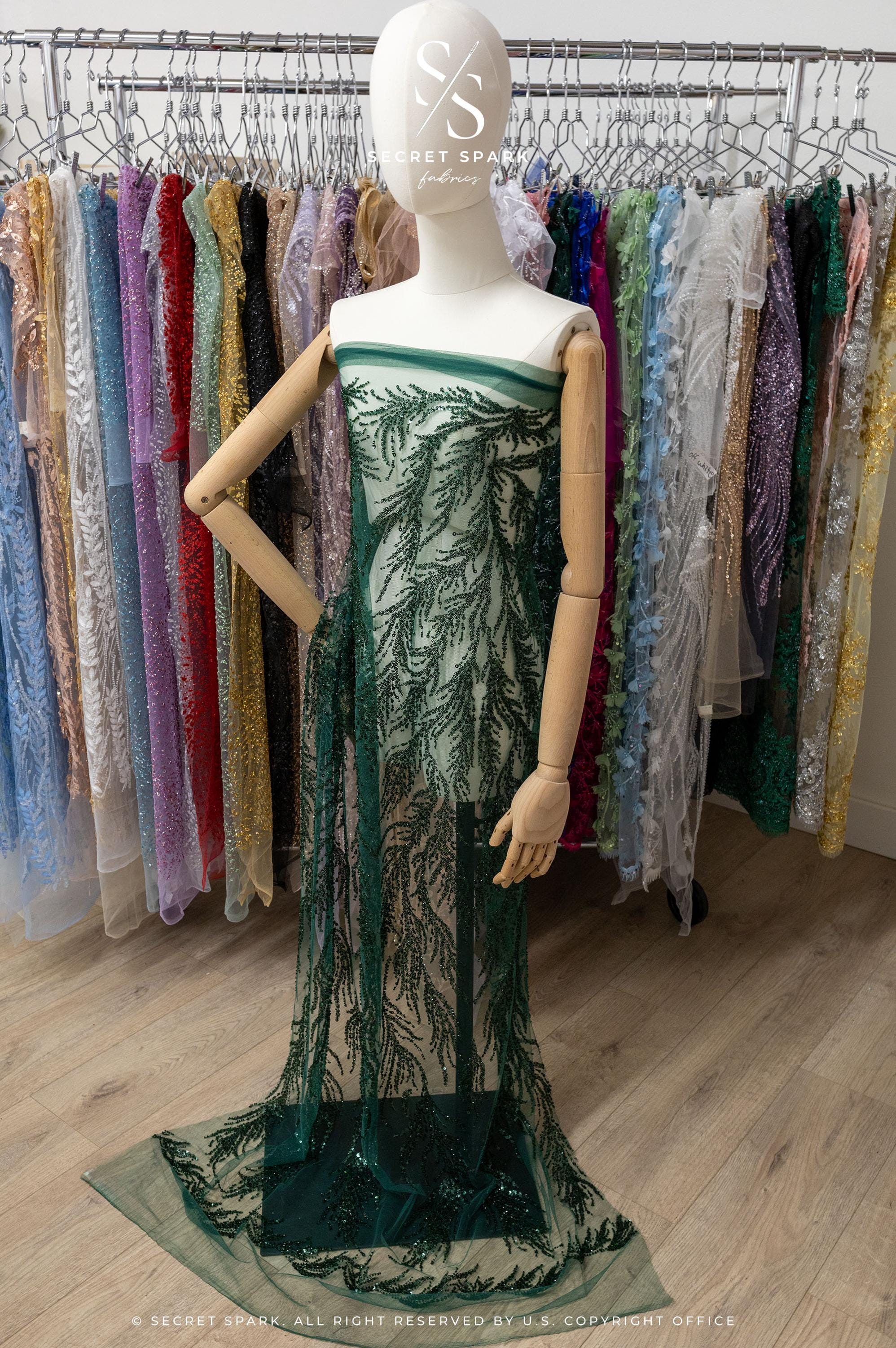 Underwater Forest - Emerald Green Beaded Fern Lace - Photo 2