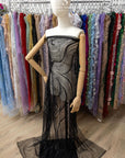 Crystal Lines - Black - Lace Fabric, Abstract Wave Sequin & Bead Mesh, Art Deco Couture Overlay for Prom, Pageant, Evening Gowns |