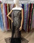 Crystal Lines - Black - Lace Fabric, Abstract Wave Sequin & Bead Mesh, Art Deco Couture Overlay for Prom, Pageant, Evening Gowns |