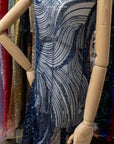 Crystal Lines - Navy Blue - Abstract Waves Lace, Beaded Sequin on Soft Mesh, Modern Art Deco Fabric for Couture Dresses, Stage & Prom |
