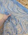 Crystal Lines - Pastel Blue - Ripple Lace, Soft Sequin Beaded Mesh with Abstract Swirl Pattern, Couture Overlay for Dresses & Dance |