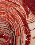 Crystal Lines - Dark Red - Beaded Lace Fabric, Abstract Lace, Sequin Bead Wave Pattern on Mesh, Couture Fabric for Prom Dress, Capes |