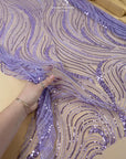 Crystal Lines - Purple Lavender - Contour Lace, Shimmering Sequin Line Waves on Soft Mesh, Modern Couture Fabric for Prom, Dance, Photo Shoots |