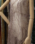 Crystal Lines - Mocha Mousse - Neutral Wave Lace, Taupe Sequin & Beaded Line Mesh, Modern Art Deco Couture Fabric for Dresses, Capes, Styling |