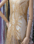 Phoenix - Champagne Gold Vibrant Sequin Lace with Beaded Feather Embroidery on Mesh, Luxury Bridal Fabric by the Yard