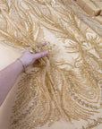 Phoenix - Champagne Gold Vibrant Sequin Lace with Beaded Feather Embroidery on Mesh, Luxury Bridal Fabric by the Yard