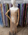 Phoenix - Champagne Blush Vibrant Sequin Lace with Beaded Feather Embroidery on Mesh, Luxury Bridal Fabric by the Yard