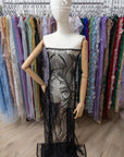 Phoenix - Black Vibrant Sequin Lace with Beaded Feather Embroidery on Mesh, Luxury Bridal Fabric by the Yard