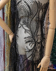 Phoenix - Black Vibrant Sequin Lace with Beaded Feather Embroidery on Mesh, Luxury Bridal Fabric by the Yard