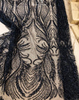 Phoenix - Black Vibrant Sequin Lace with Beaded Feather Embroidery on Mesh, Luxury Bridal Fabric by the Yard