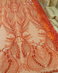 Phoenix - Coral Orange Vibrant Sequin Lace with Beaded Feather Embroidery on Mesh, Luxury Bridal Fabric by the Yard