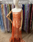 Phoenix - Coral Orange Vibrant Sequin Lace with Beaded Feather Embroidery on Mesh, Luxury Bridal Fabric by the Yard
