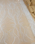 Phoenix - Ivory Vibrant Sequin Lace with Beaded Feather Embroidery on Mesh, Luxury Bridal Fabric by the Yard