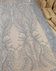Phoenix - Light Silver Grey Vibrant Sequin Lace with Beaded Feather Embroidery on Mesh, Luxury Bridal Fabric by the Yard