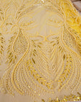 Phoenix - Yellow Sun Vibrant Sequin Lace with Beaded Feather Embroidery on Mesh, Luxury Bridal Fabric by the Yard