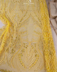 Phoenix - Yellow Sun Vibrant Sequin Lace with Beaded Feather Embroidery on Mesh, Luxury Bridal Fabric by the Yard