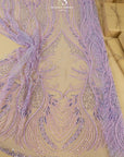 Phoenix - Wisteria Lilac Vibrant Sequin Lace with Beaded Feather Embroidery on Mesh, Luxury Bridal Fabric by the Yard