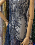 Phoenix - Deep Blue Vibrant Sequin Lace with Beaded Feather Embroidery on Mesh, Luxury Bridal Fabric by the Yard