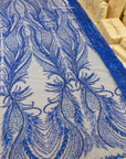 Phoenix - Royal Blue Vibrant Sequin Lace with Beaded Feather Embroidery on Mesh, Luxury Bridal Fabric by the Yard