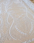 Phoenix - White Vibrant Sequin Lace with Beaded Feather Embroidery on Mesh, Luxury Bridal Fabric by the Yard