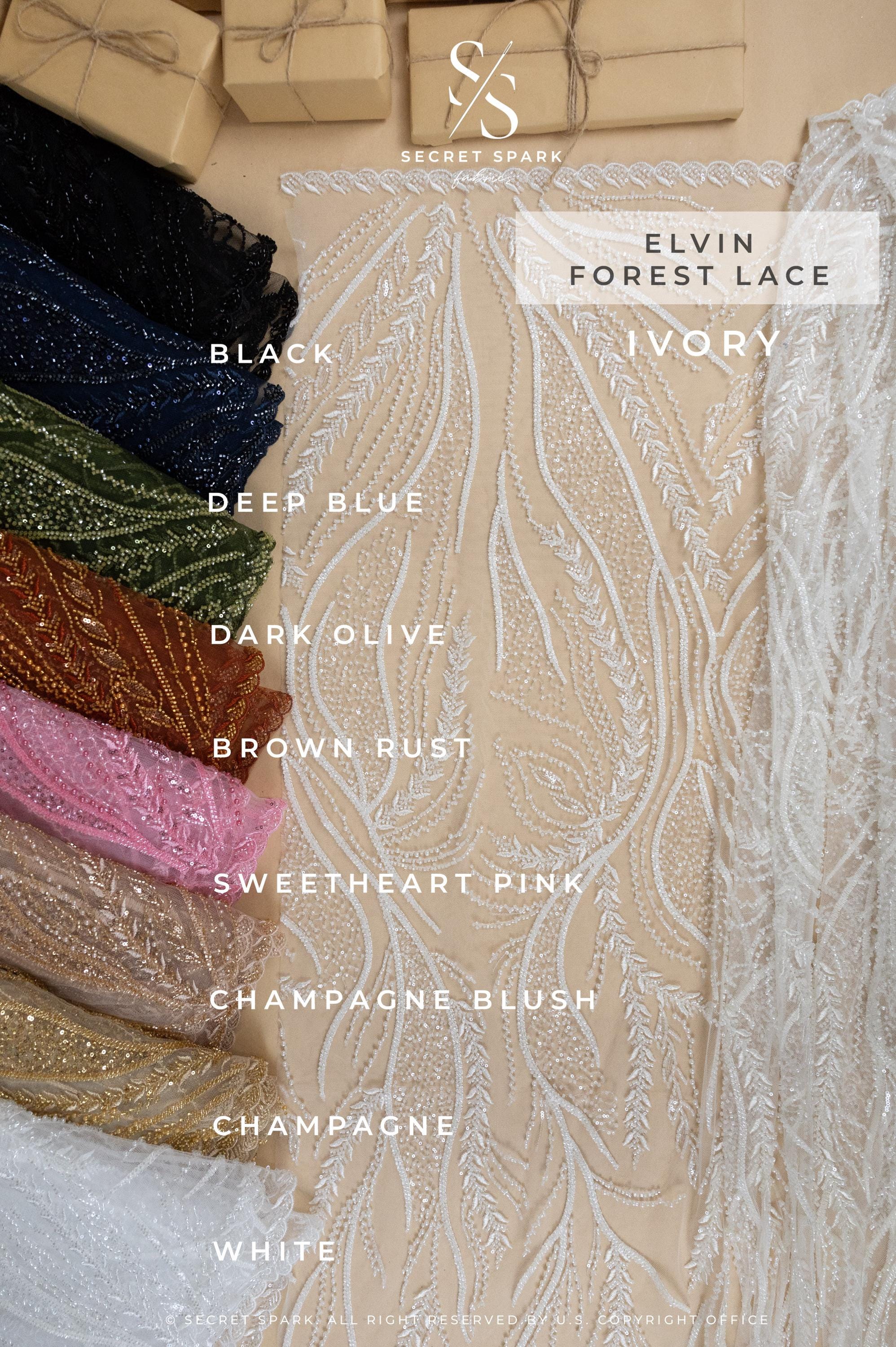 Forest Elven - Ivory - NEW Lace Fabric – Beaded Leaf and Vine Embroidery, Soft Sequin Mesh for Bridal Gown, Wedding Dress, Couture