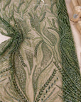 Forest Elven - Dark olive - NEW Lace Fabric – Beaded Botanical Leaf Embroidery, Woodland Sequin Mesh for Fantasy Dress, Couture Gown