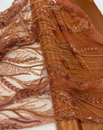 Forest Elven - Brown rust - NEW Lace Fabric – Beaded Leaf and Vine Embroidery, Earth Tone Sequin Mesh for Fall Gown, Costume, Couture