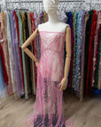 Forest Elven - Sweetheart Pink - NEW Lace Fabric – Beaded Leaf Embroidery with Sequins, Romantic Pink Mesh for Prom Dress, Fairy Gown