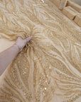 Forest Elven - Champagne - NEW Lace Fabric – Beaded Leaf and Branch Embroidery, Warm Neutral Sequin Mesh for Bridal, Evening Gown, Couture