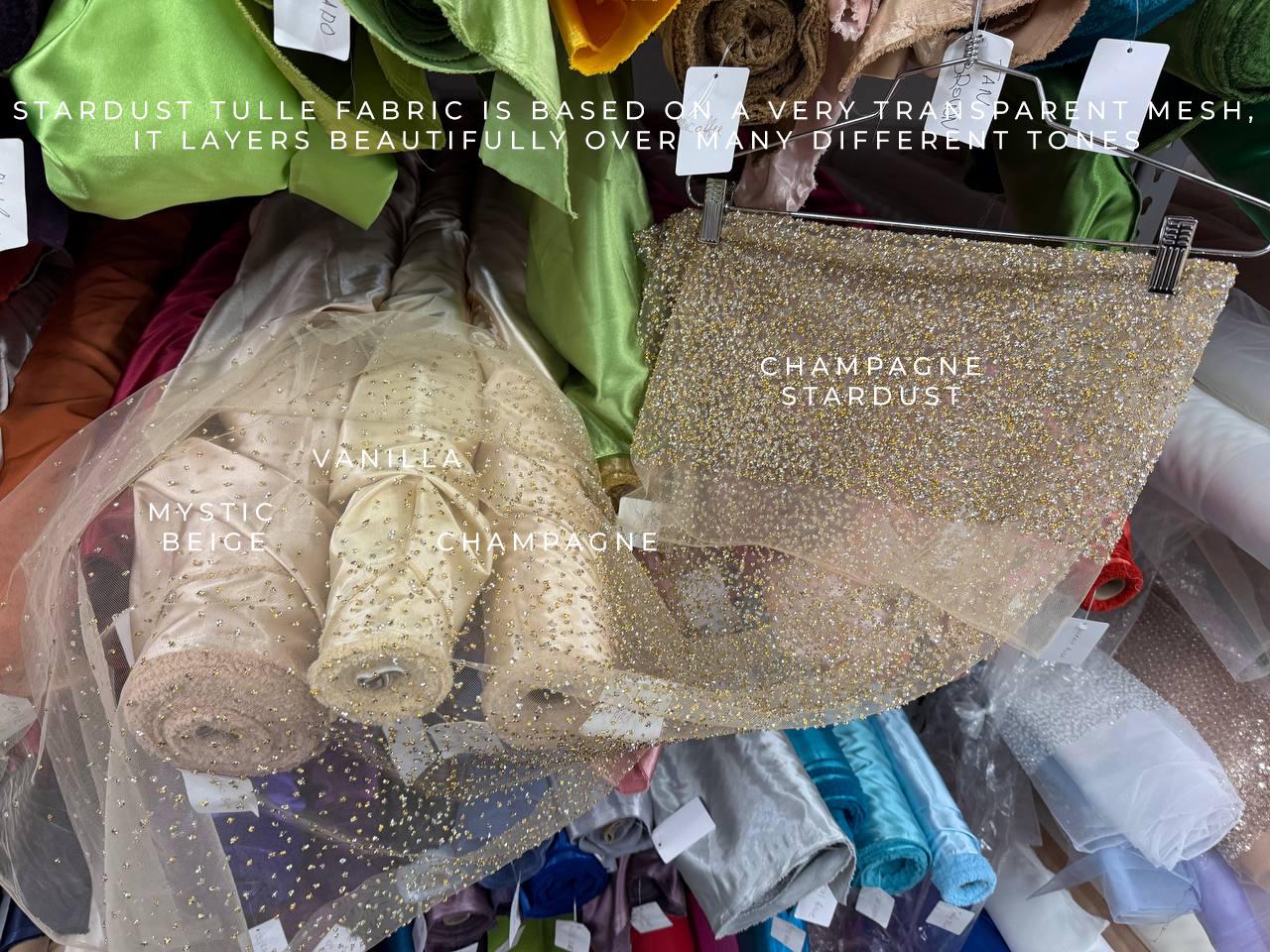 Stardust - Champagne Ombre Crystal Tulle with Gradient Sparkle and Rhinestones on Mesh Luxury Bridal Fabric by the Yard