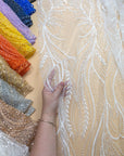Phoenix - Yellow Sun Vibrant Sequin Lace with Beaded Feather Embroidery on Mesh, Luxury Bridal Fabric by the Yard