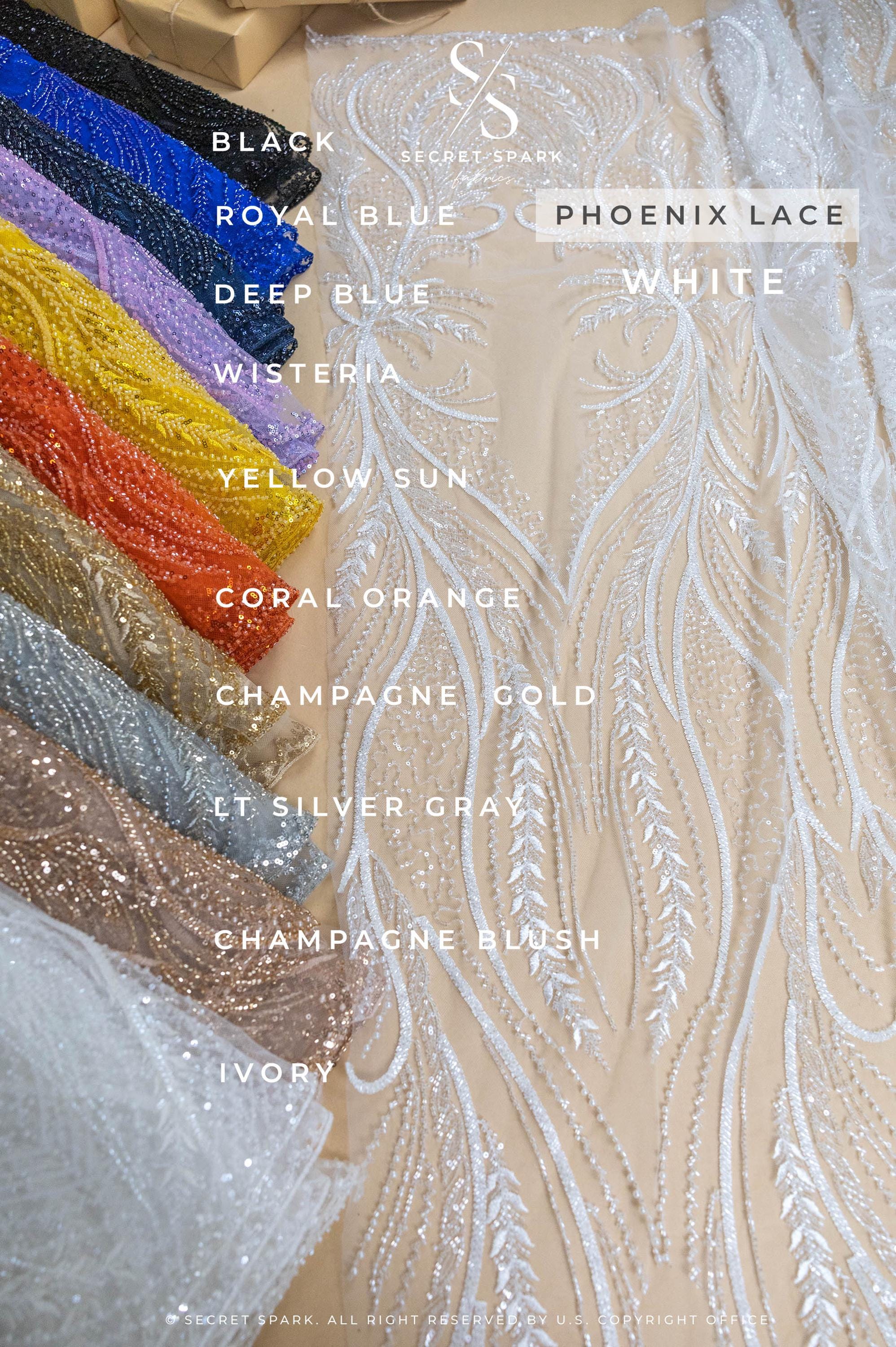 Phoenix - Champagne Gold Vibrant Sequin Lace with Beaded Feather Embroidery on Mesh, Luxury Bridal Fabric by the Yard