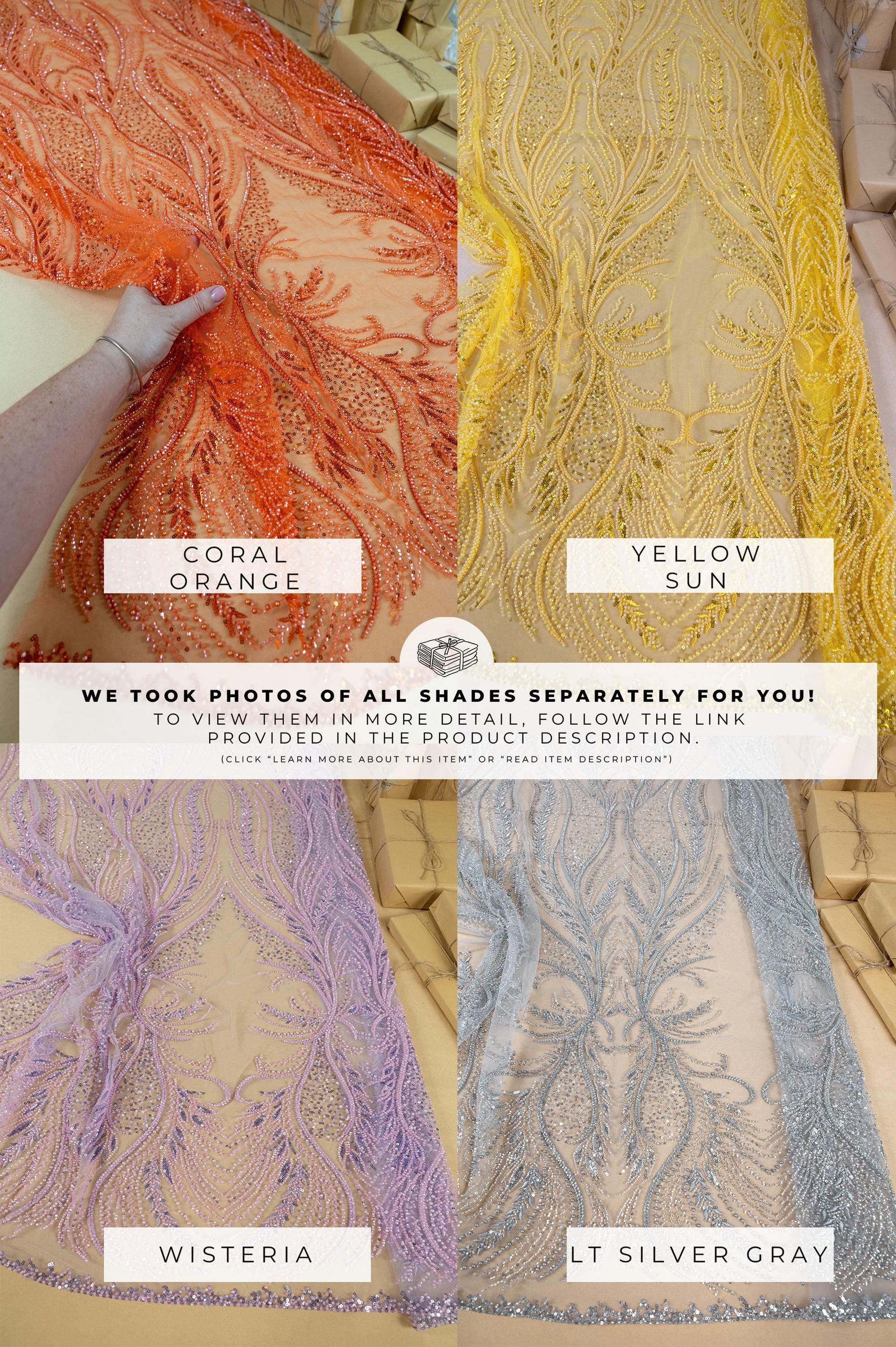 Phoenix - Yellow Sun Vibrant Sequin Lace with Beaded Feather Embroidery on Mesh, Luxury Bridal Fabric by the Yard
