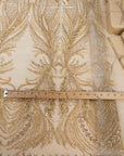 Phoenix - Champagne Gold Vibrant Sequin Lace with Beaded Feather Embroidery on Mesh, Luxury Bridal Fabric by the Yard