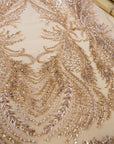 Phoenix - Champagne Blush Vibrant Sequin Lace with Beaded Feather Embroidery on Mesh, Luxury Bridal Fabric by the Yard